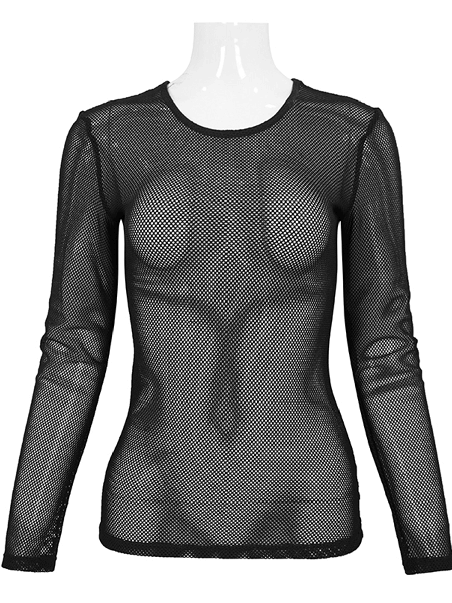 Gothic Style Women's Sexy Black Long-sleeved Mesh Top