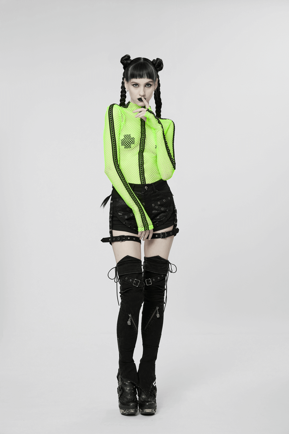 Gothic-Styled Long Sleeve Openwork Top in Vibrant Neon Green