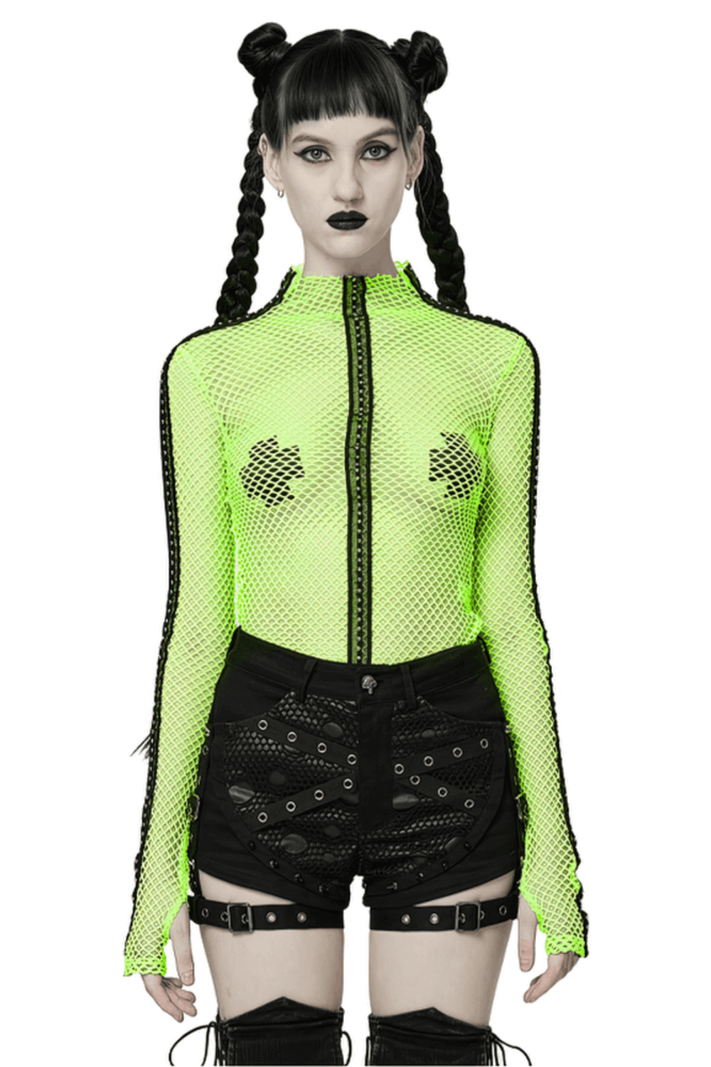 Gothic-Styled Long Sleeve Openwork Top in Vibrant Neon Green