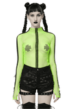 Gothic-Styled Long Sleeve Openwork Top in Vibrant Neon Green