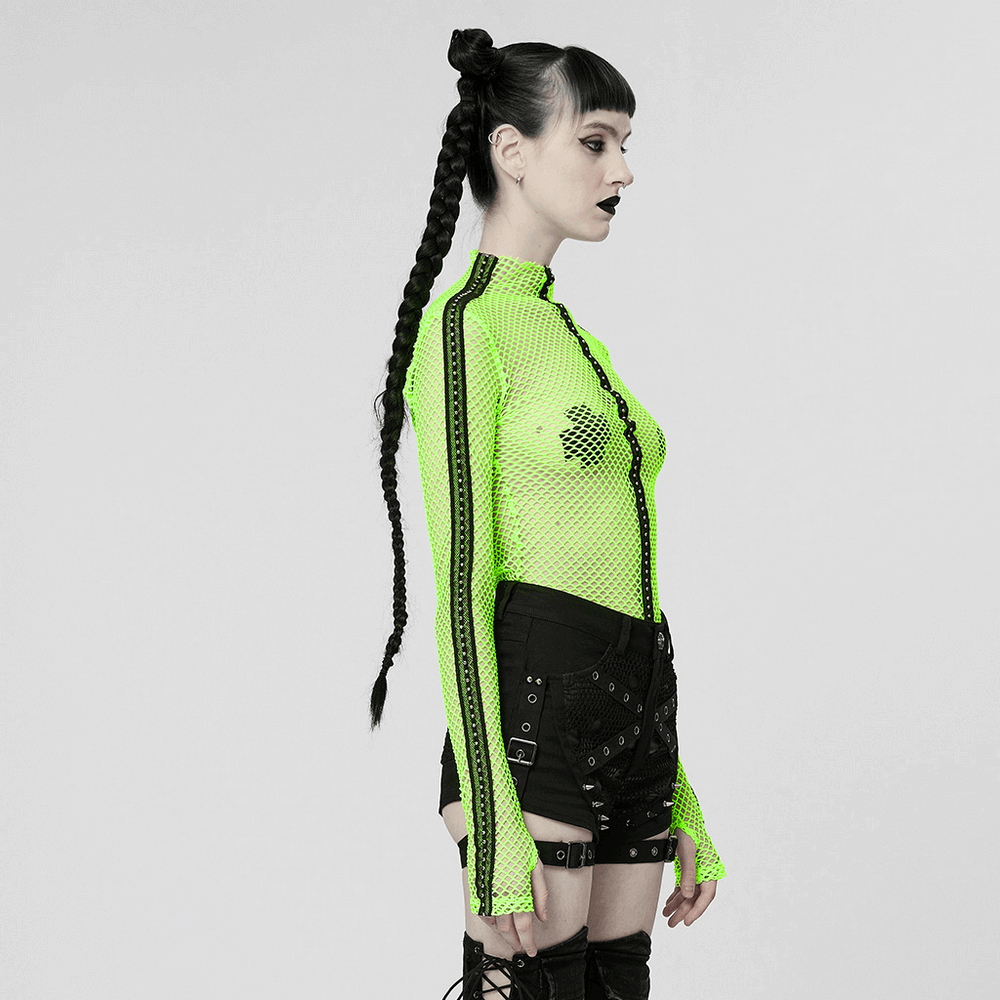 Gothic-Styled Long Sleeve Openwork Top in Vibrant Neon Green