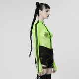 Gothic-Styled Long Sleeve Openwork Top in Vibrant Neon Green