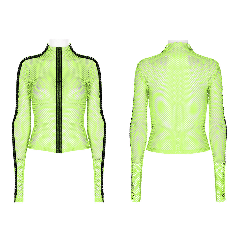 Gothic-Styled Long Sleeve Openwork Top in Vibrant Neon Green