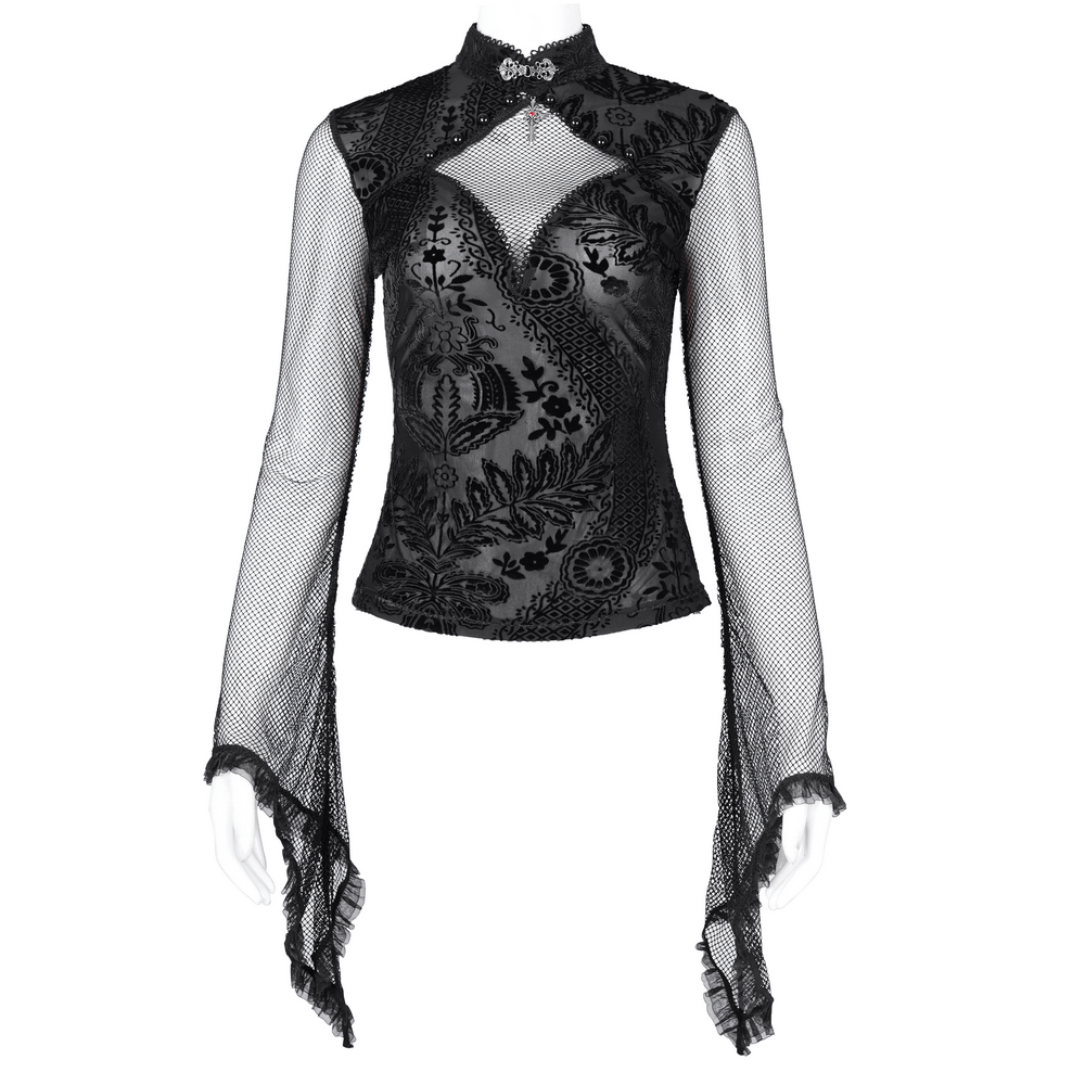 Gothic Top with Bell Sleeves and Lace Mesh Detailing
