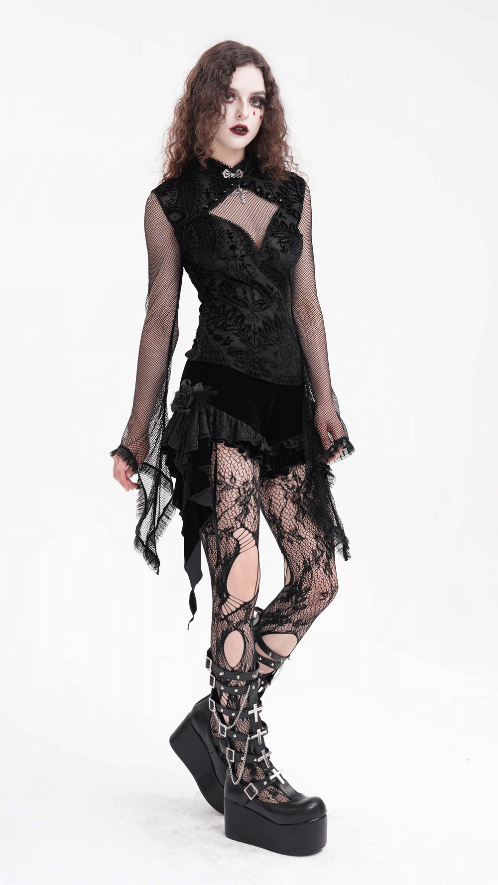 Gothic Top with Bell Sleeves and Lace Mesh Detailing