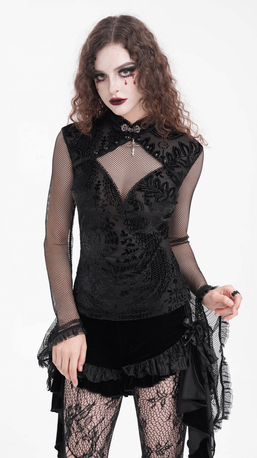 Gothic Top with Bell Sleeves and Lace Mesh Detailing