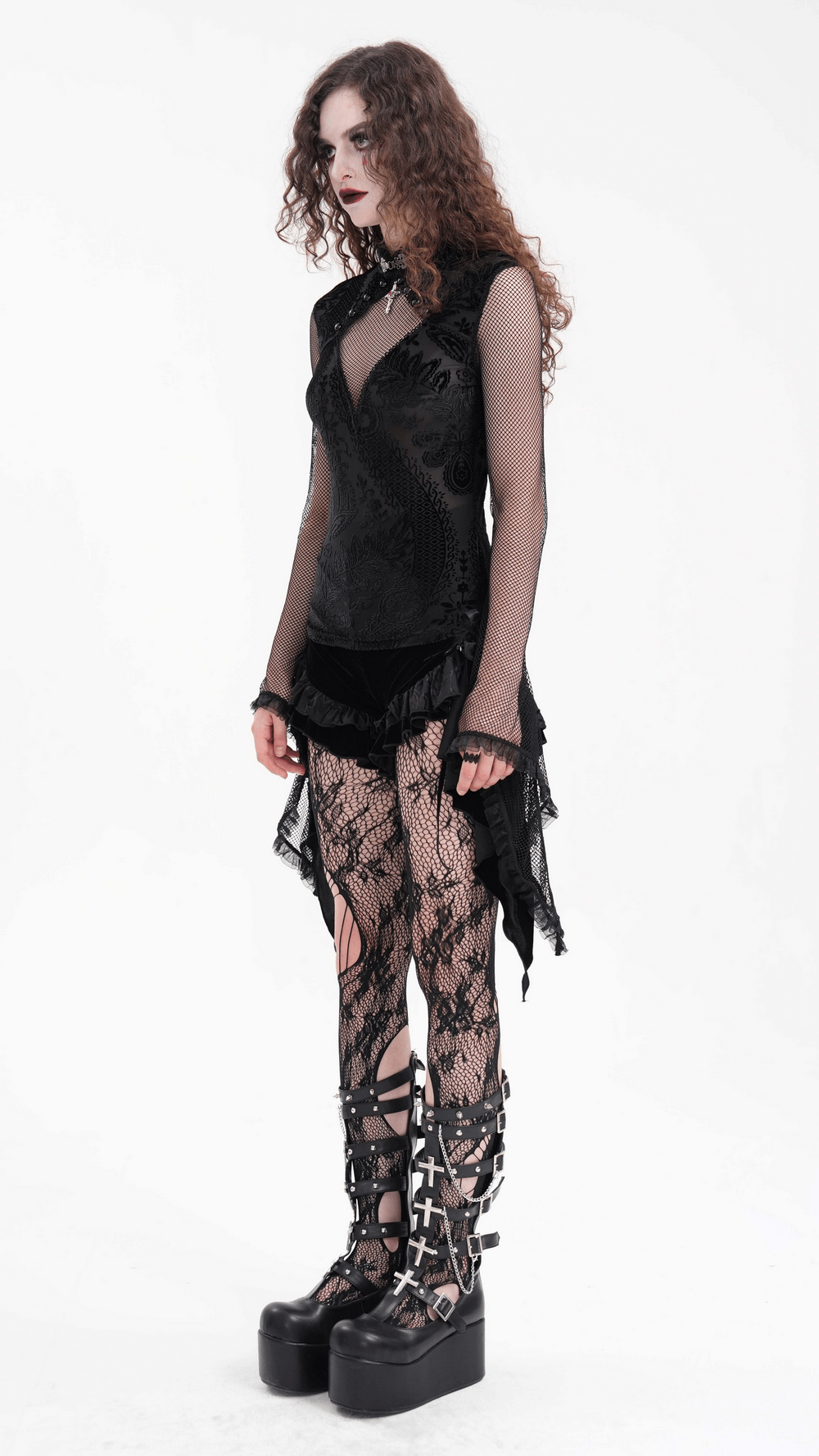 Gothic Top with Bell Sleeves and Lace Mesh Detailing