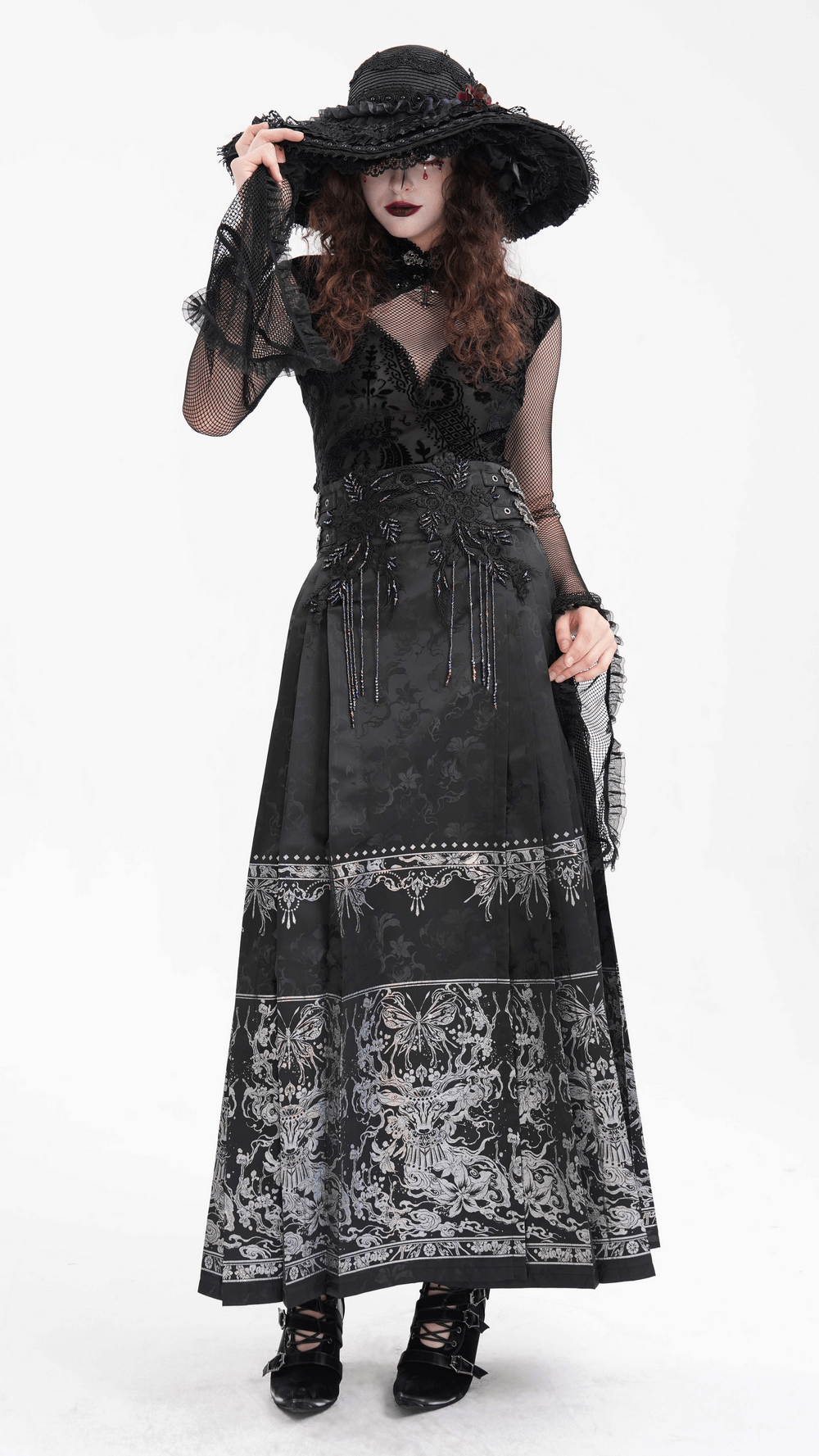 Gothic Top with Bell Sleeves and Lace Mesh Detailing