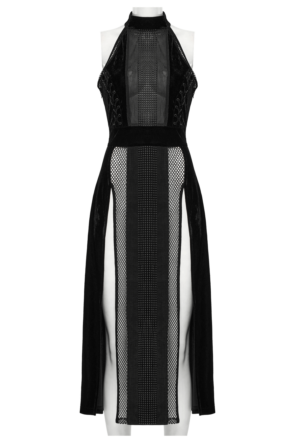 Gothic Velvet Mesh Gown with Slits and Beaded Details
