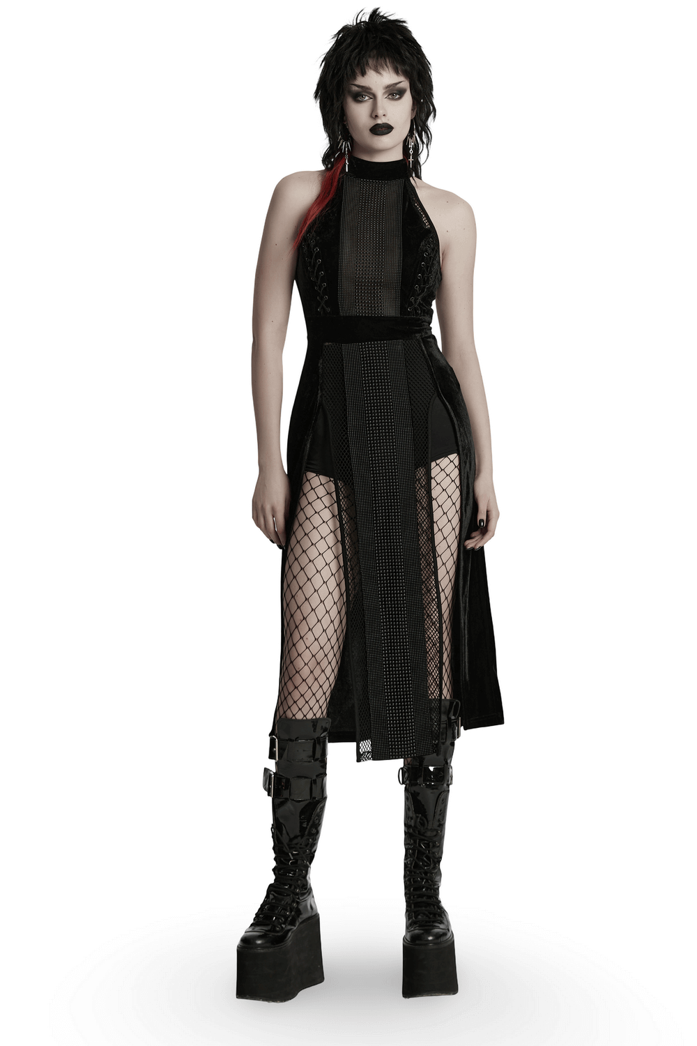 Gothic Velvet Mesh Gown with Slits and Beaded Details