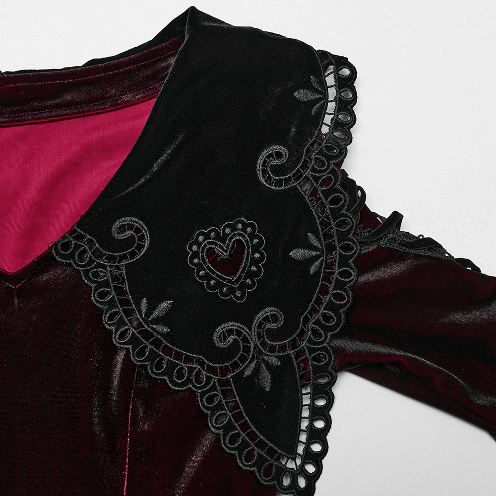 Close-up of the heart-shaped cut-out collar and intricate lace details on a gradient velvet dress.