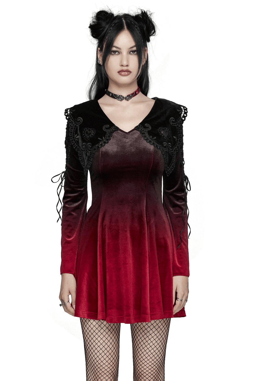 Elegant red gradient velvet dress with lace accents and flared sleeves, perfect for dark romance style.