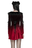 Elegant gradient velvet dress with lace accents, flared sleeves, and heart-shaped cut-out collar, showcasing a gothic style.