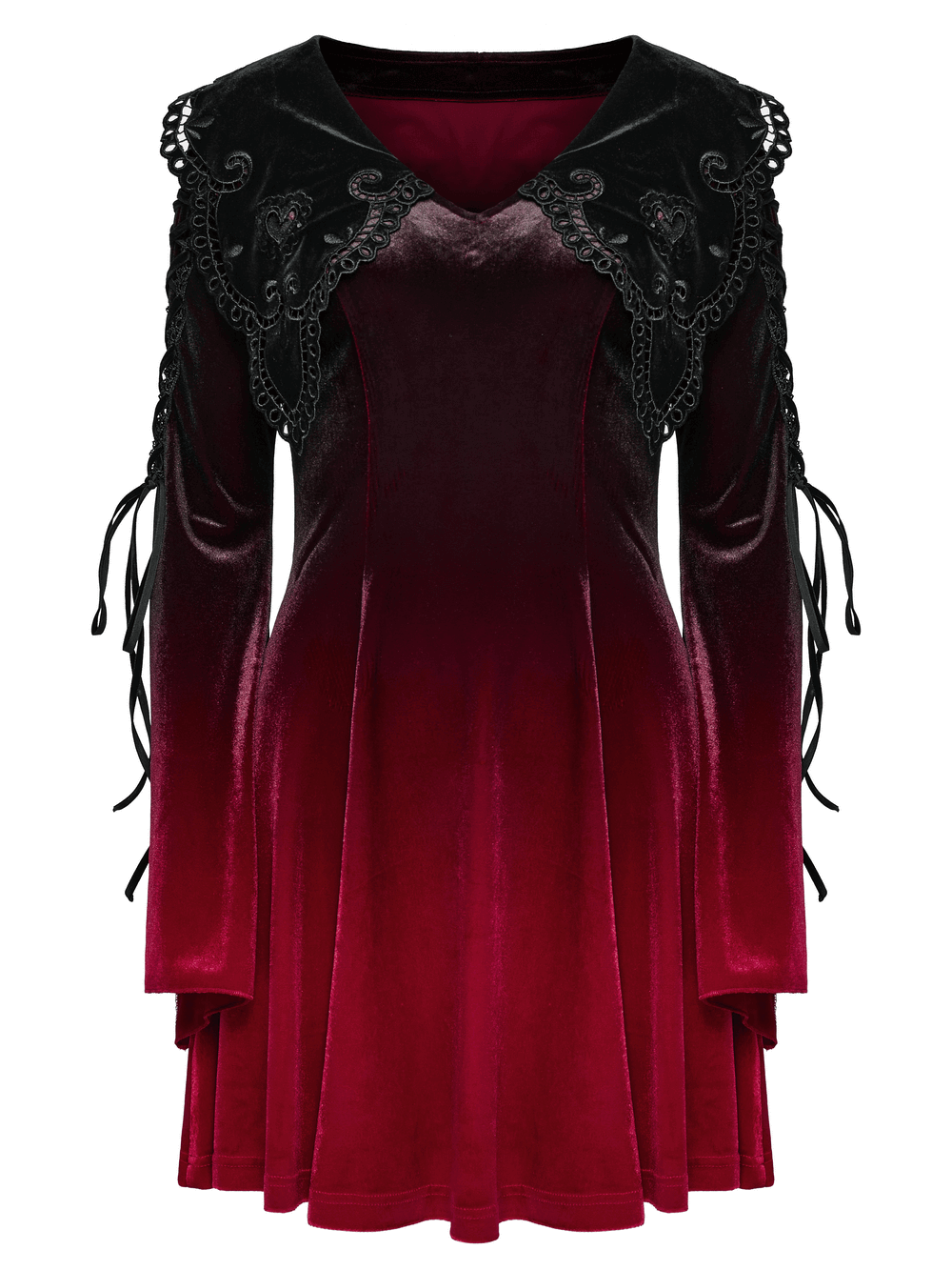 Gradient velvet gothic dress with lace accents, flared sleeves, and heart-shaped cut-out collar. Perfect for dark romance lovers.