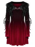 Gradient velvet gothic dress with lace accents, flared sleeves, and heart-shaped cut-out collar. Perfect for dark romance lovers.