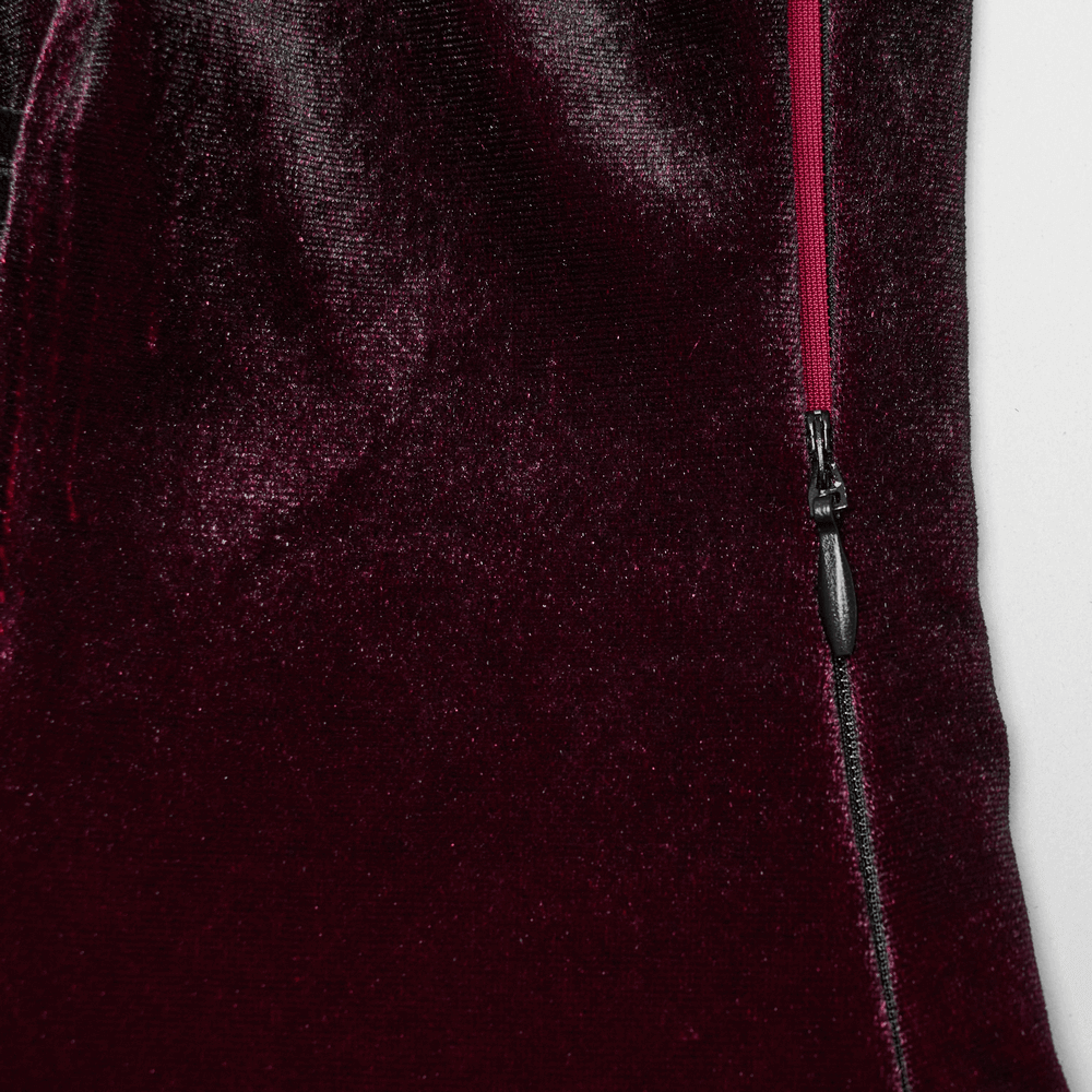 Close-up of the luxurious gradient velvet fabric showcasing a side zipper on a Gothic dress.