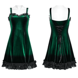 Gradient Velvet Dress with Ruffled Hem and Elegant Lace Trim