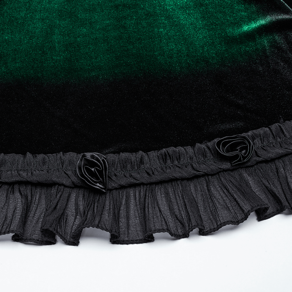 Gradient Velvet Dress with Ruffled Hem and Elegant Lace Trim