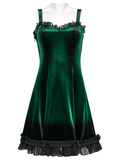 Gradient Velvet Dress with Ruffled Hem and Elegant Lace Trim