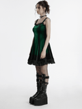Gradient Velvet Dress with Ruffled Hem and Elegant Lace Trim
