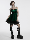 Gradient Velvet Dress with Ruffled Hem and Elegant Lace Trim