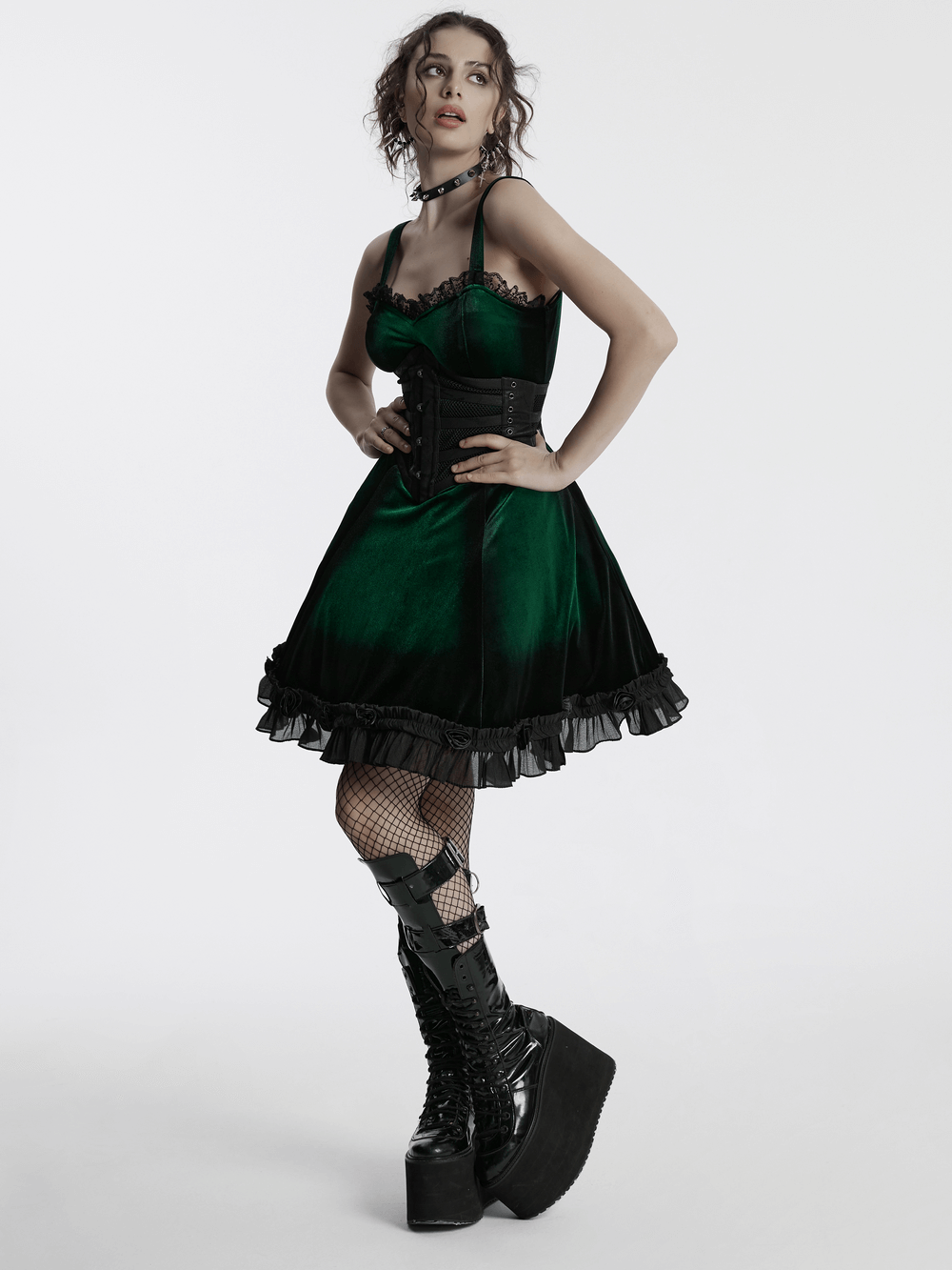 Gradient Velvet Dress with Ruffled Hem and Elegant Lace Trim