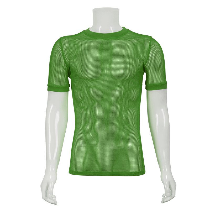 Green Mesh Tee / Men's Sheer O-Neck Shirt / Punk Alternative