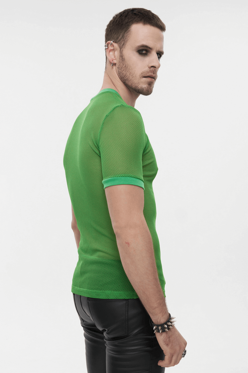 Green Mesh Tee / Men's Sheer O-Neck Shirt / Punk Alternative