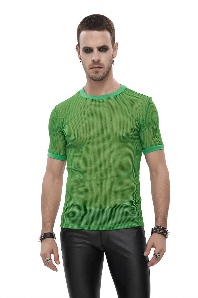 Green Mesh Tee / Men's Sheer O-Neck Shirt / Punk Alternative