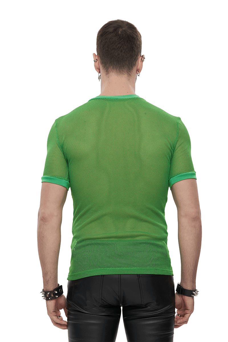 Green Mesh Tee / Men's Sheer O-Neck Shirt / Punk Alternative