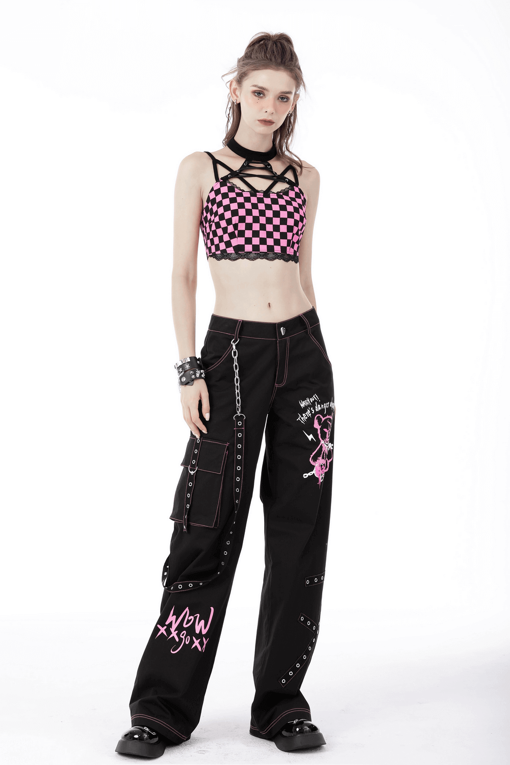 Halter Crop Top in Black and Pink Featuring Strappy Design