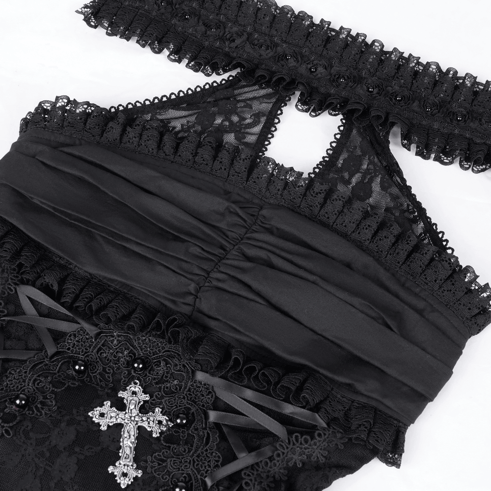 Halter Gothic Lace Mini Dress with Cross and Ribbon Details