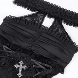 Halter Gothic Lace Mini Dress with Cross and Ribbon Details