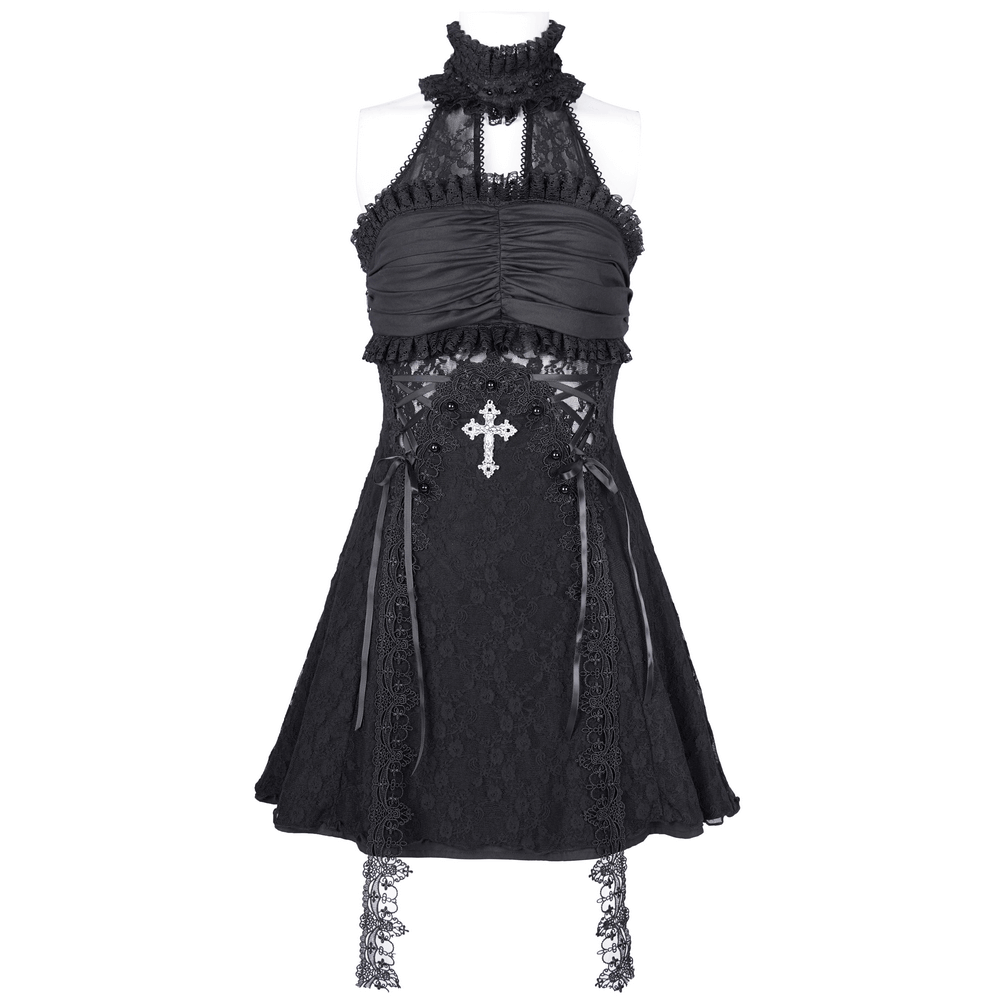 Halter Gothic Lace Mini Dress with Cross and Ribbon Details