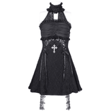 Halter Gothic Lace Mini Dress with Cross and Ribbon Details