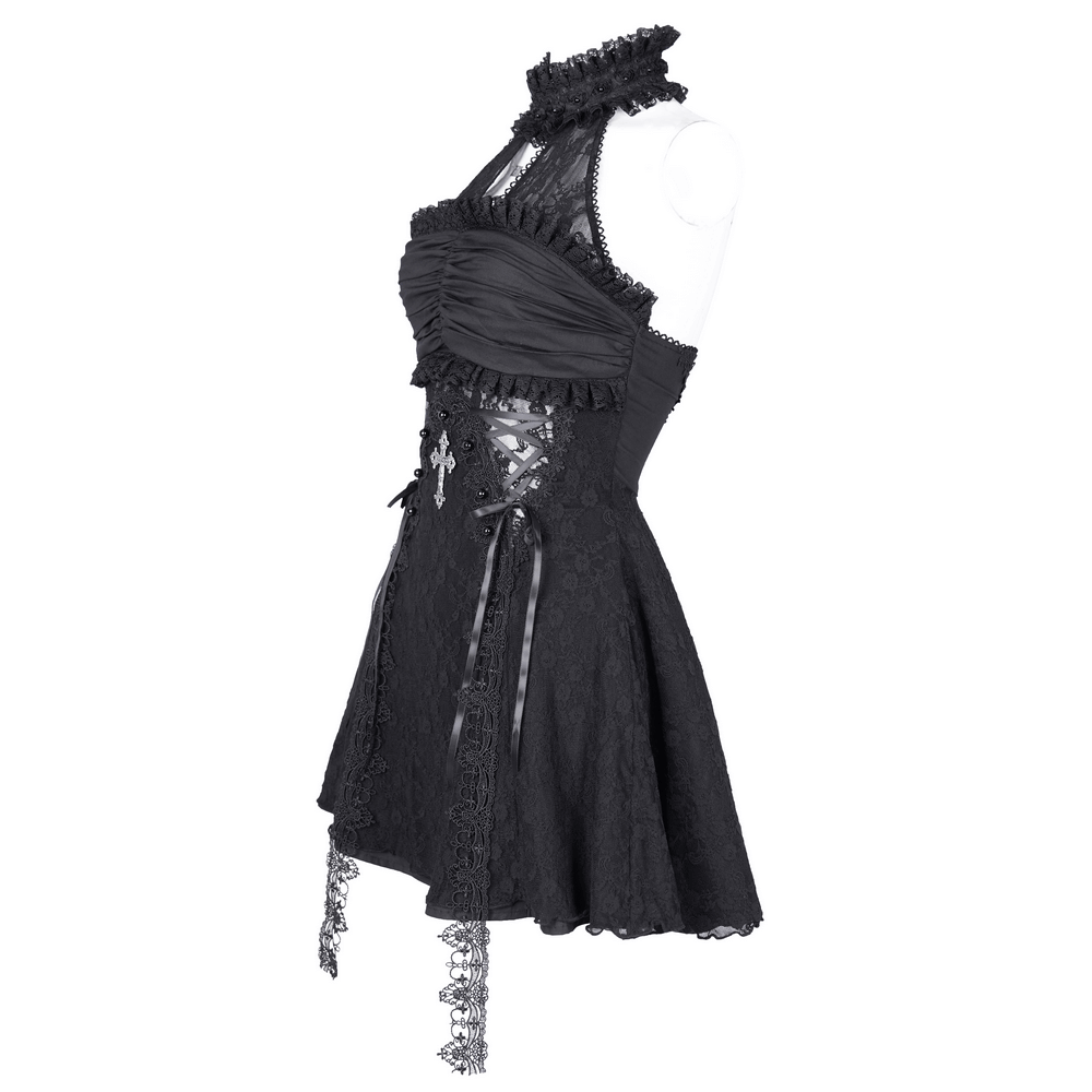 Halter Gothic Lace Mini Dress with Cross and Ribbon Details