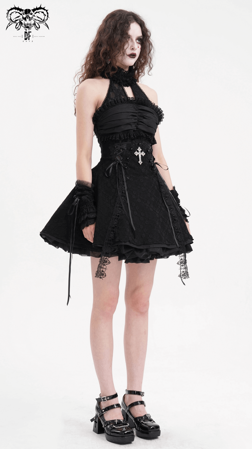 Halter Gothic Lace Mini Dress with Cross and Ribbon Details