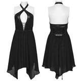 Halter Neck Punk Dress with Lace-Up Front and Chiffon Hem