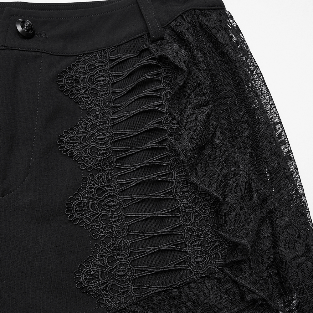 High-Low Ruffle Hem Black Gothic Lace Shorts for Women
