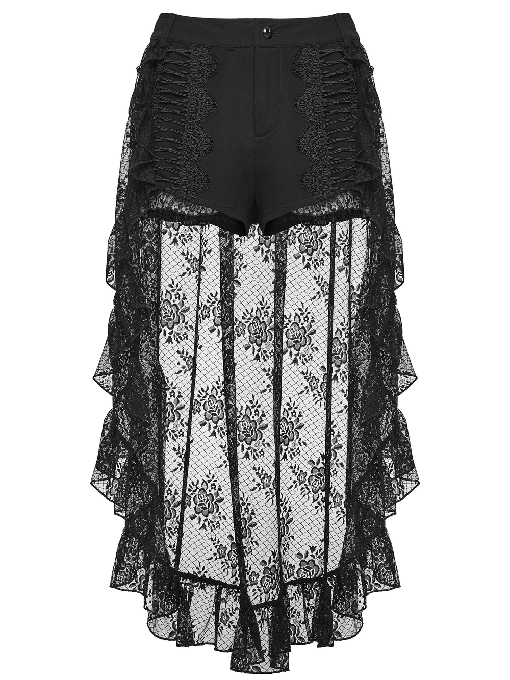 High-Low Ruffle Hem Black Gothic Lace Shorts for Women