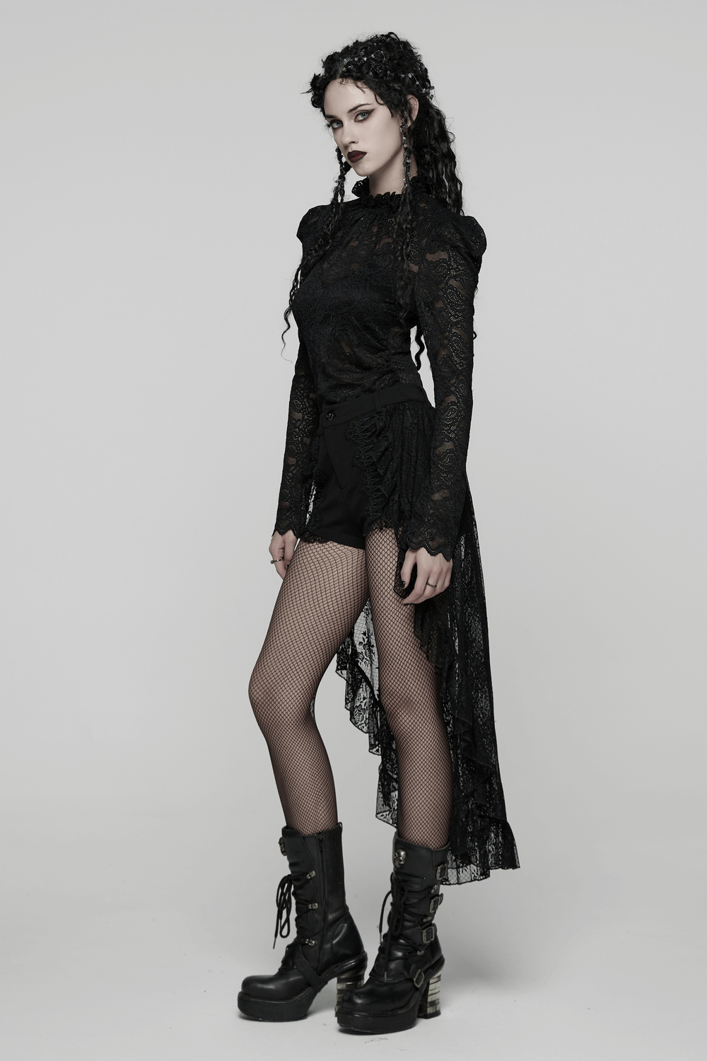 High-Low Ruffle Hem Black Gothic Lace Shorts for Women