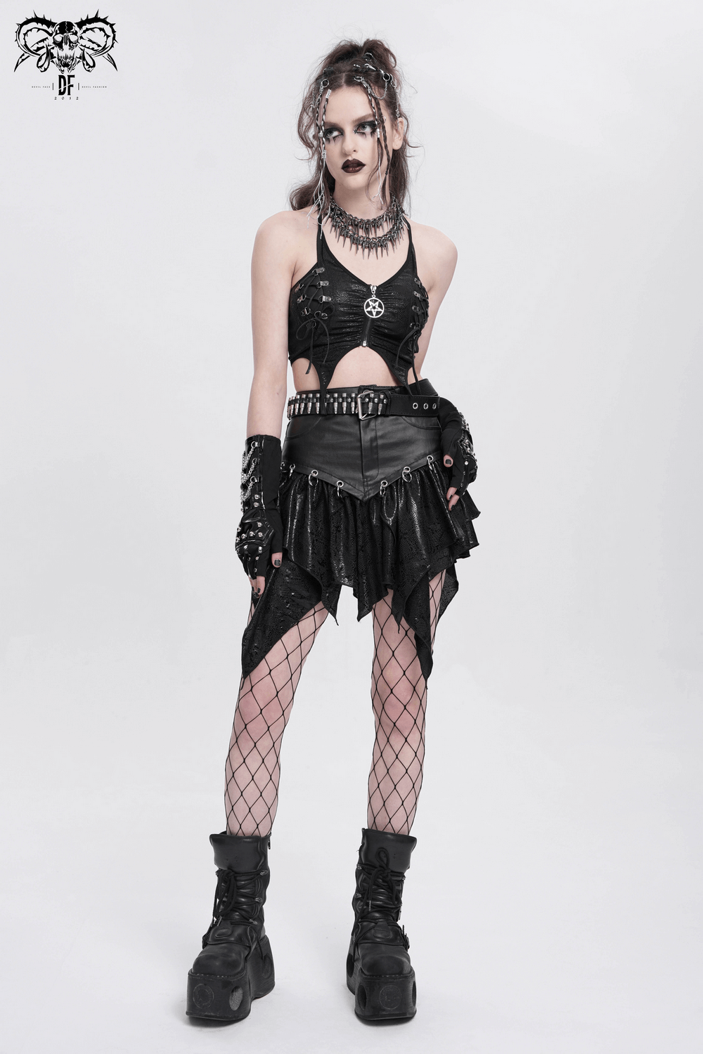 High-Waisted Mini Skirt with Edgy Rings and Uneven Hem