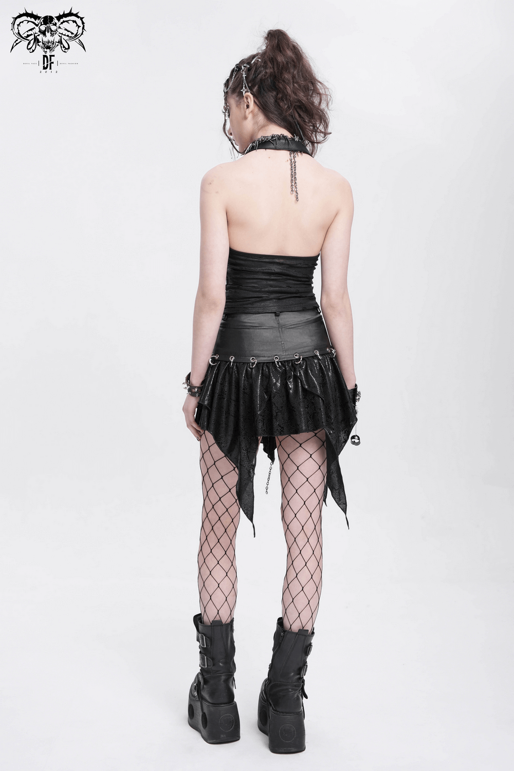 High-Waisted Mini Skirt with Edgy Rings and Uneven Hem
