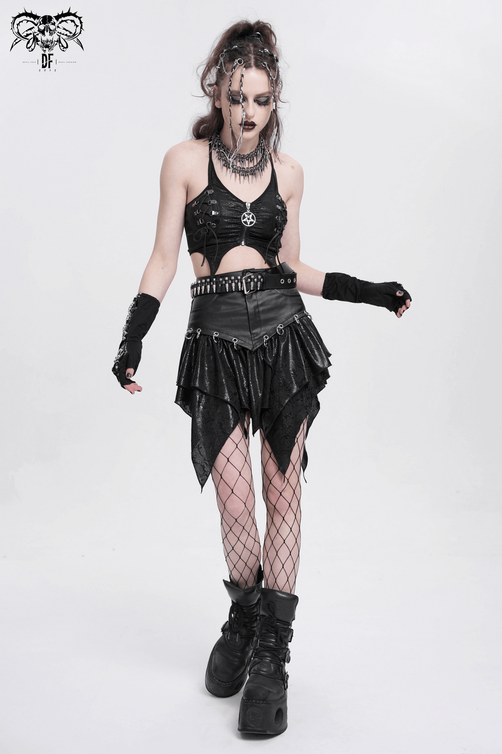 High-Waisted Mini Skirt with Edgy Rings and Uneven Hem