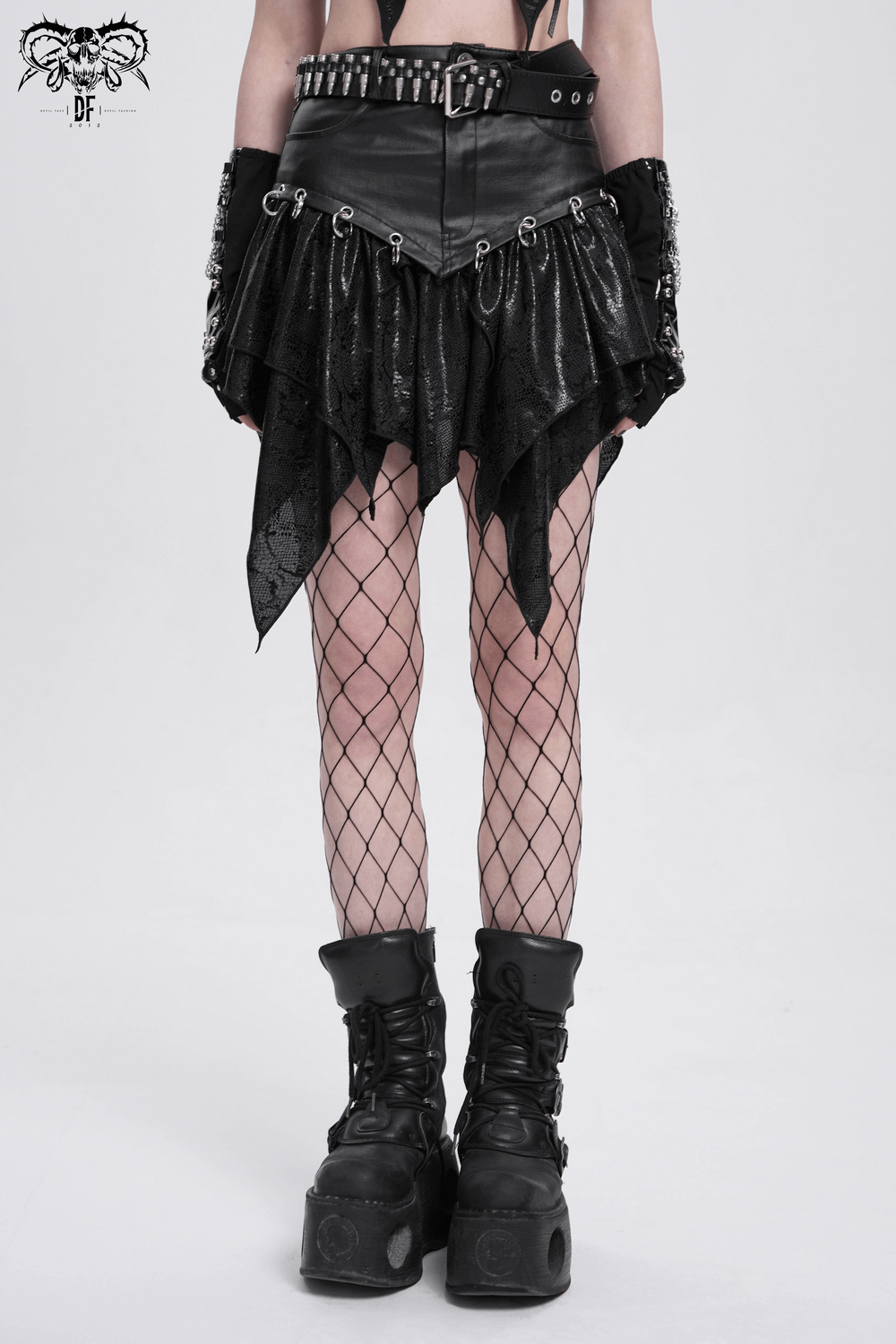 High-Waisted Mini Skirt with Edgy Rings and Uneven Hem