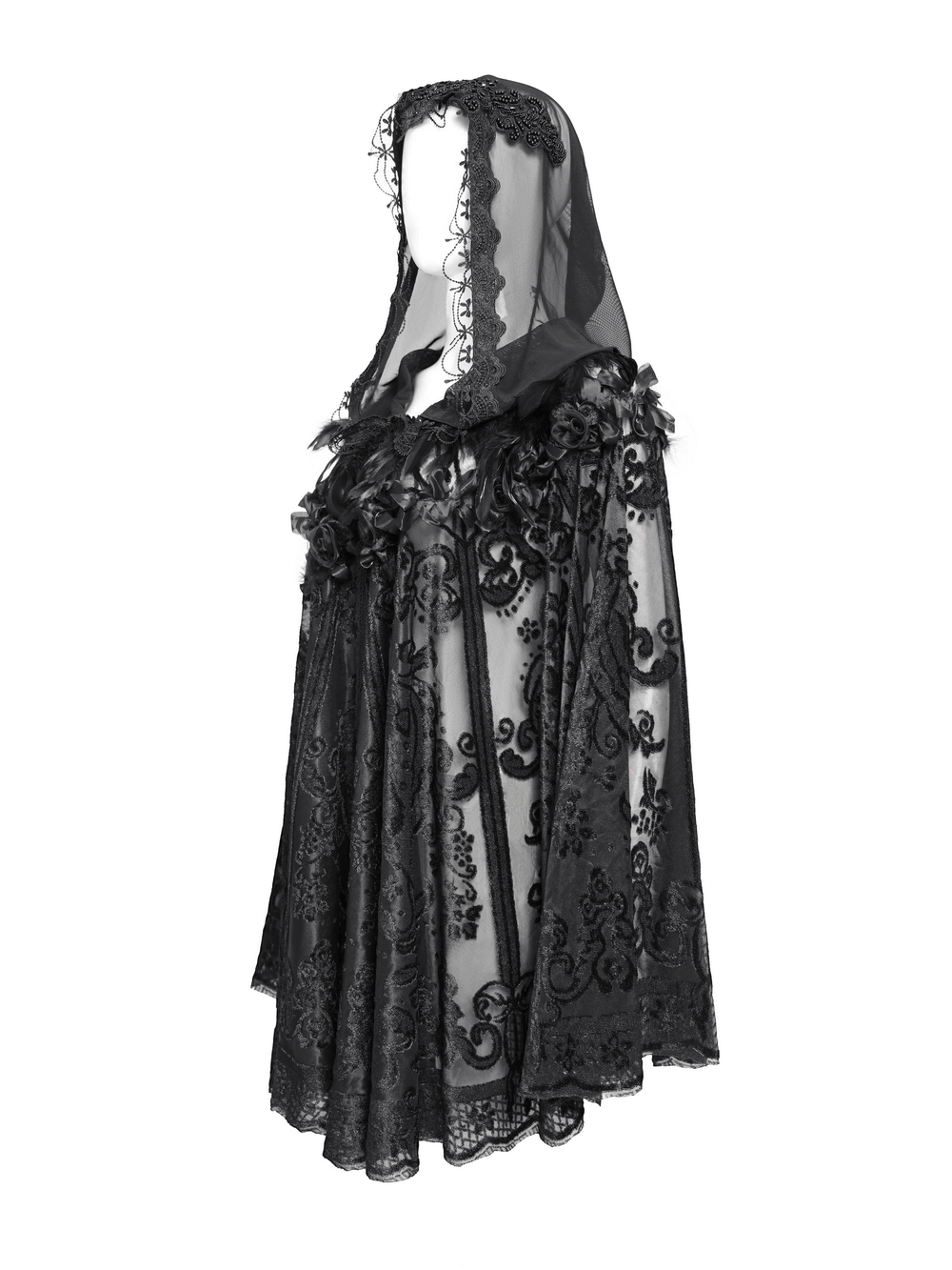 Hooded Cape with Feather Trim and Rose Embellishments
