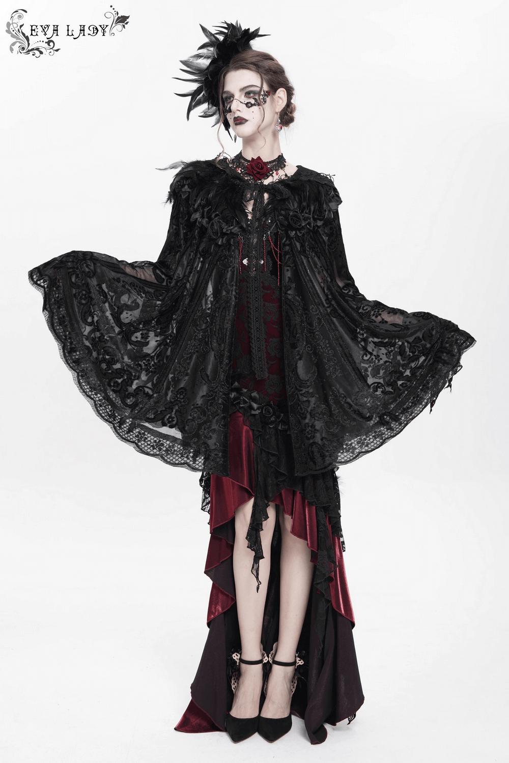Hooded Cape with Feather Trim and Rose Embellishments