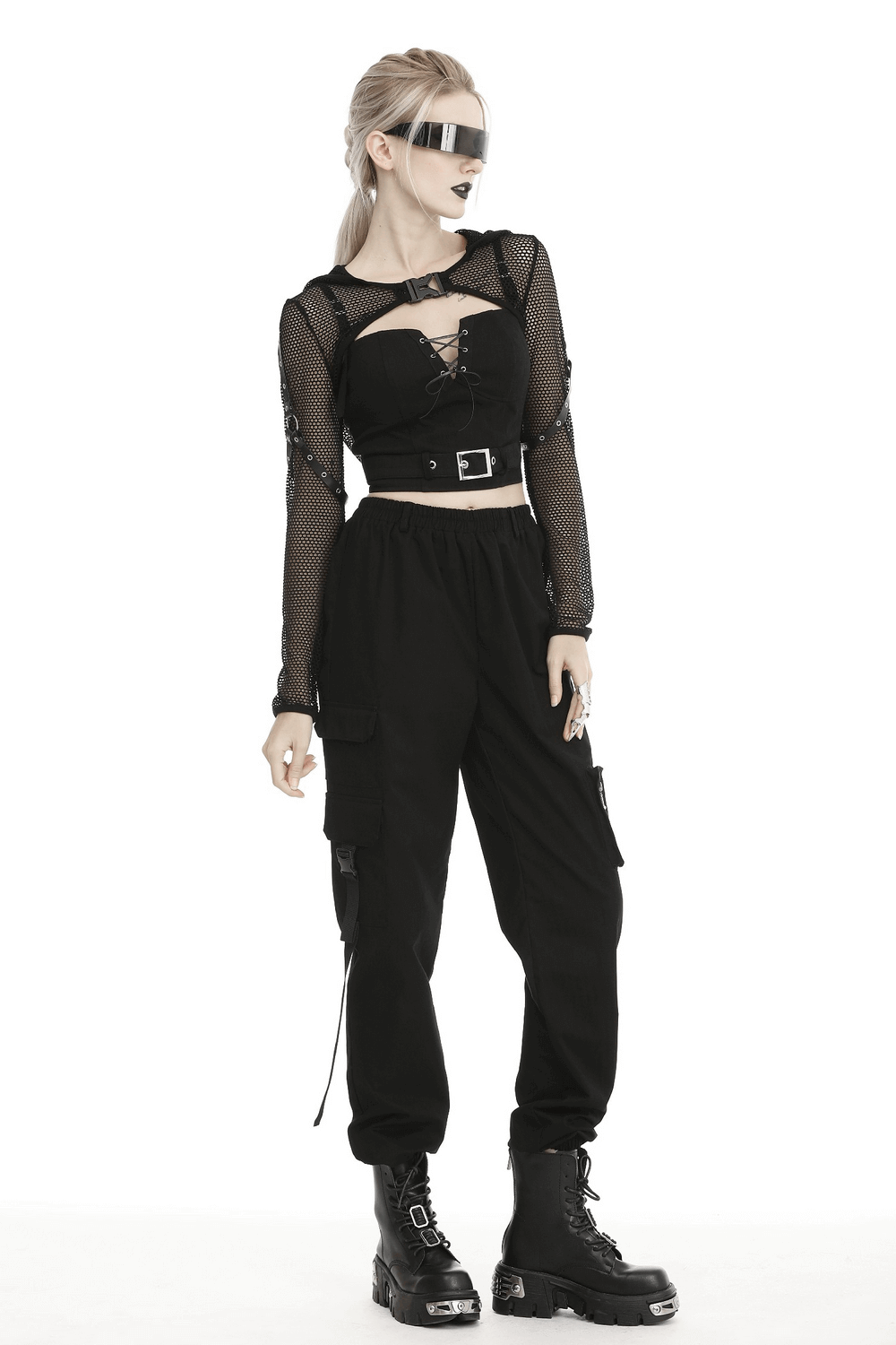 Hooded Long Sleeves Mesh Crop Top in Black Sheer Fabric