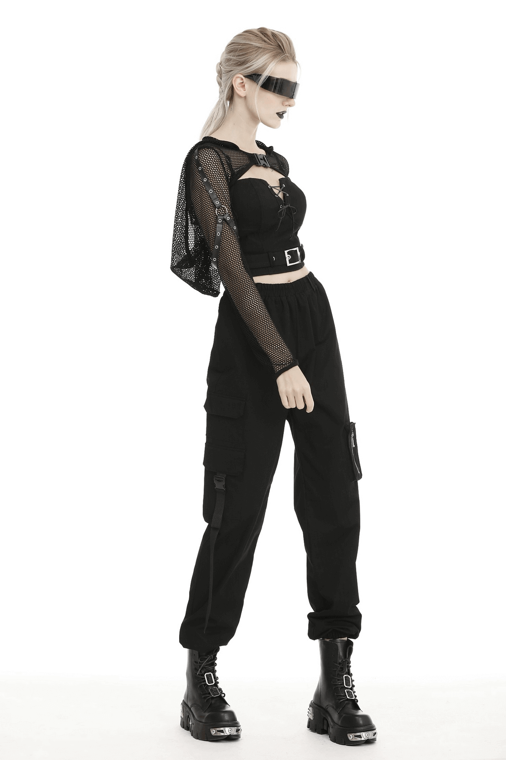 Hooded Long Sleeves Mesh Crop Top in Black Sheer Fabric