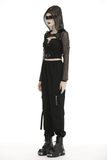 Hooded Long Sleeves Mesh Crop Top in Black Sheer Fabric
